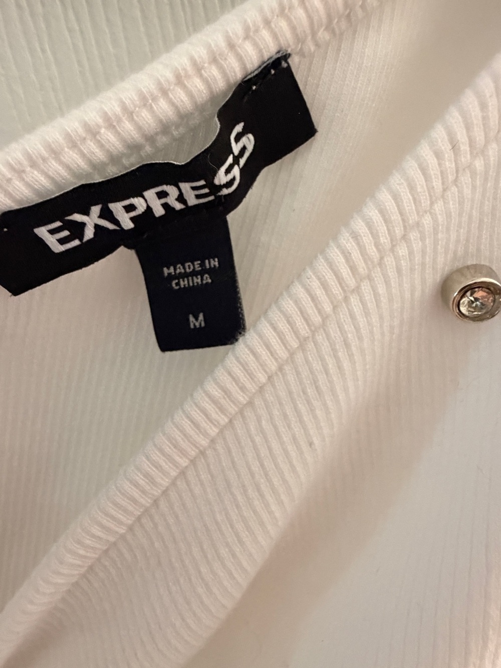 Express White Rhinestone Ribbed One Shoulder Puff Sleeve Top M - Picture 3 of 6